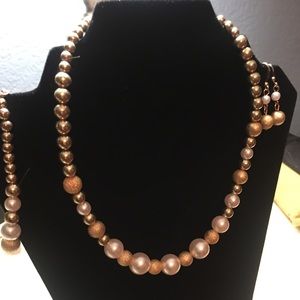 Gold pearl earring necklace and bracelet set